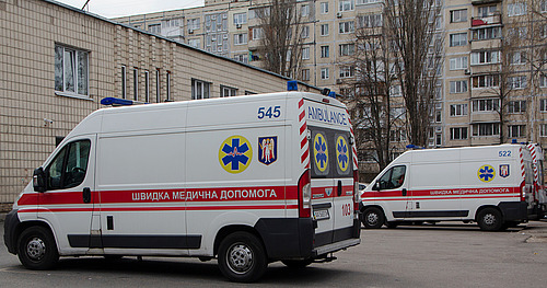 Several ambulances standing in front of a hospital in Kyiv, Ukraine